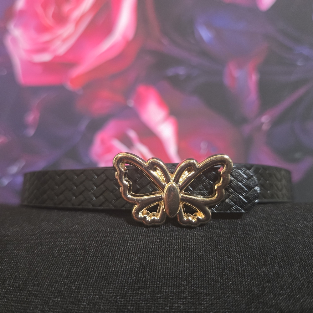 Elegant Black Belt with Gold Butterfly Accent